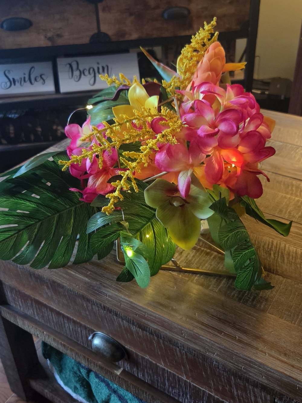 Tropical Pink & Yellow Artificial Floral Arrangement with Green Leaves And Light
